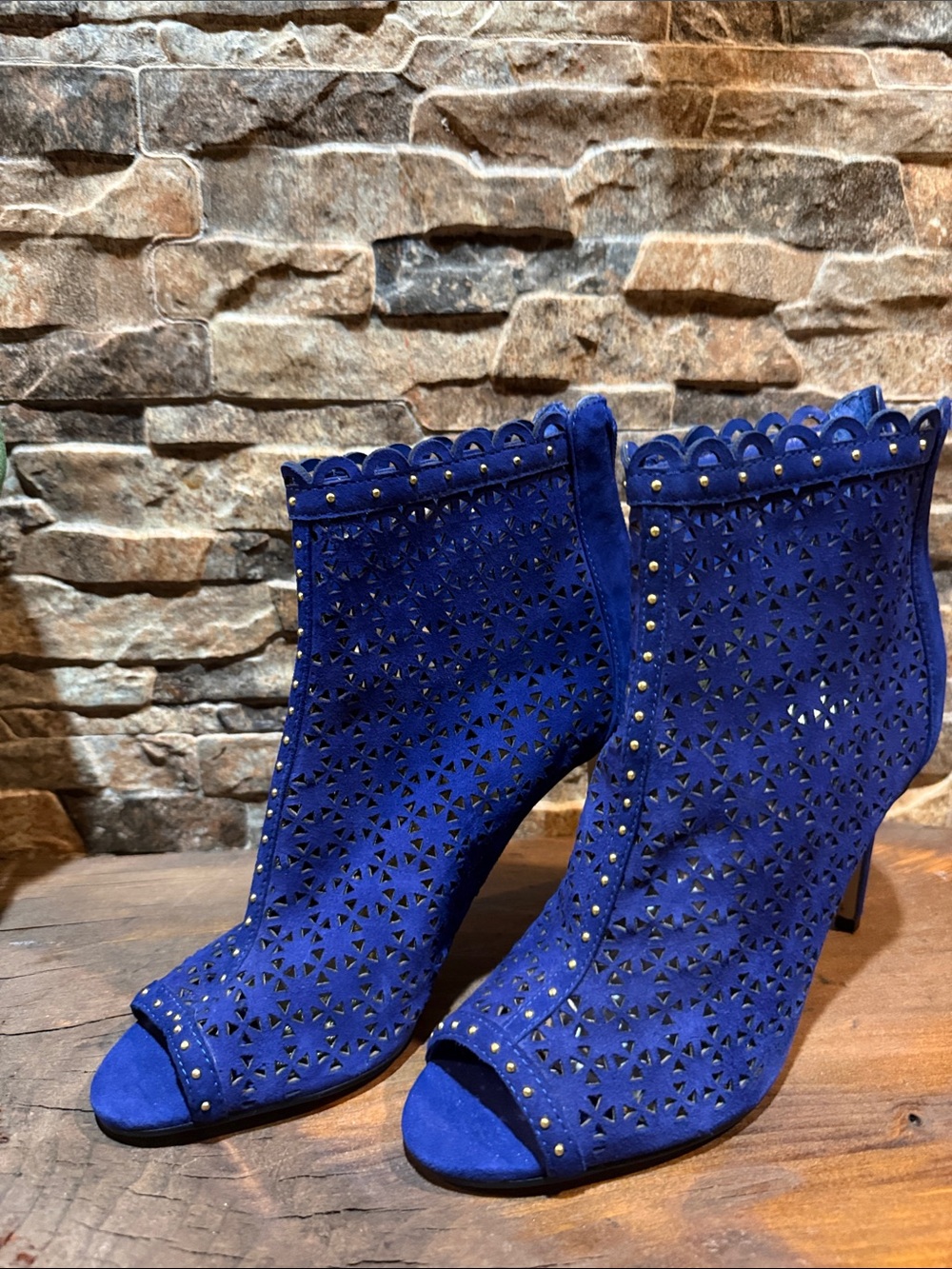 Marc Fisher Royal Blue Laser-Cut Peep Toe Ankle Boots